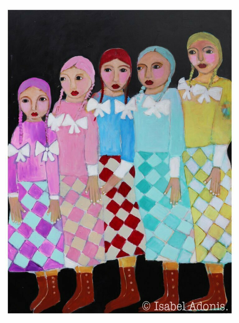 Paiting in vivid colours of five women of different skin tones.