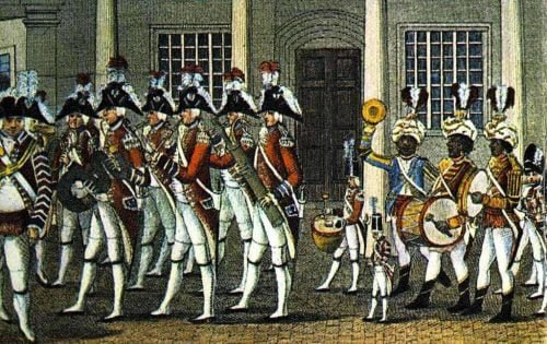 Detail from British Foot Guards Parading at St James Place, c.1792, artist unknown.