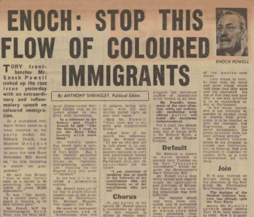 Article on Enoch Powell Rivers of Blood speech in Sunday Mirror 21 April 1968