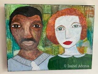 Painting of a Black man and white woman in bright colours.