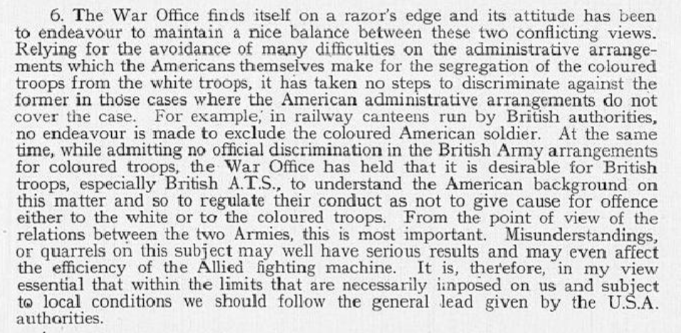 Extract from a Memorandum by the UK Secretary of State for War, 3 October 1942, setting out the British government’s conflicted position on segregation.
