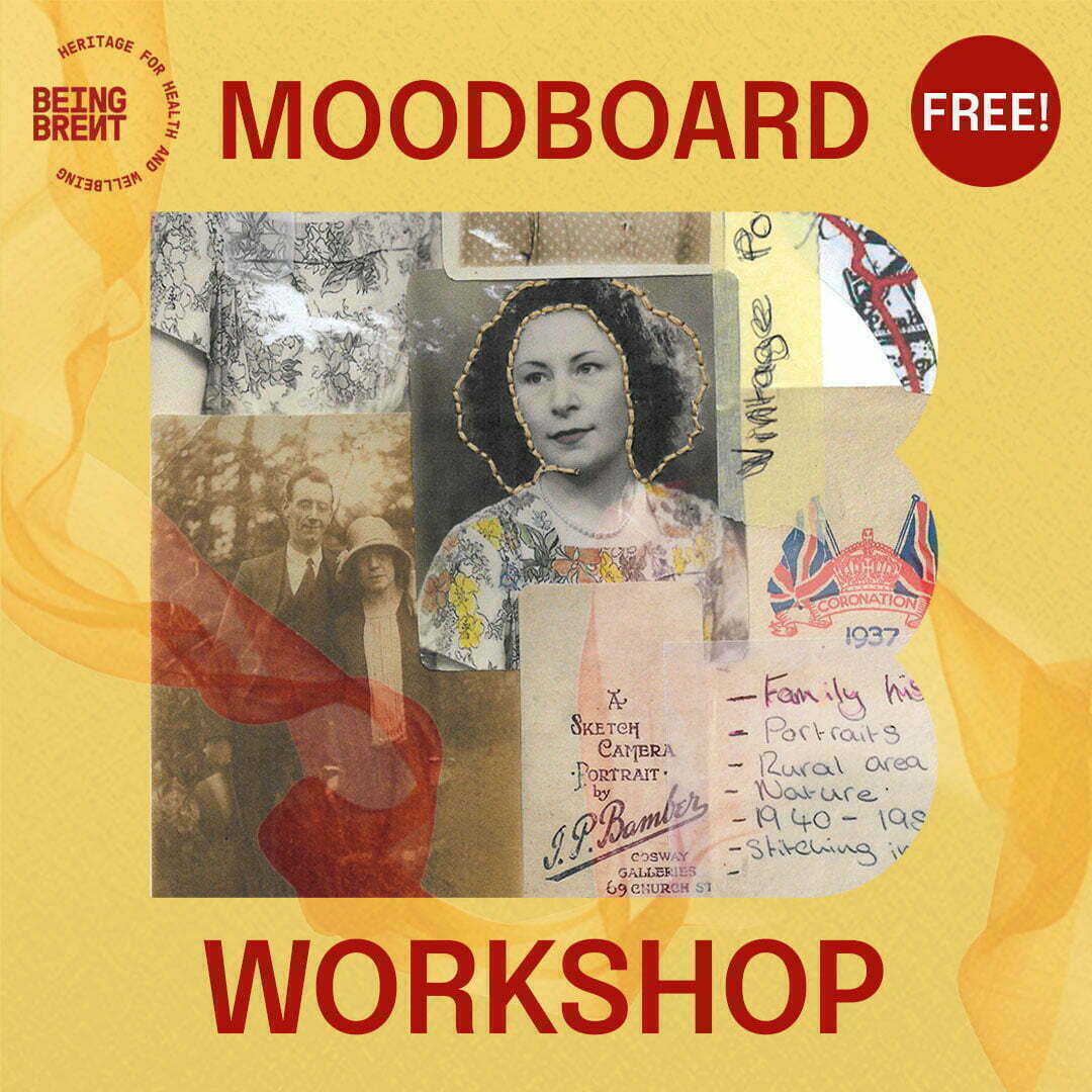 A mood board of images of old family photos. Caption reads Moodboard Workshop.