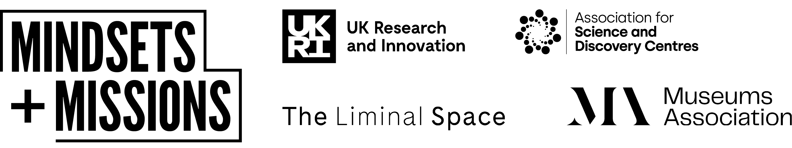 Logos of Mindsets and Missions, Association for Science and Discovery Centres, UK Research and Innovation, The Liminal Space, Museums Association