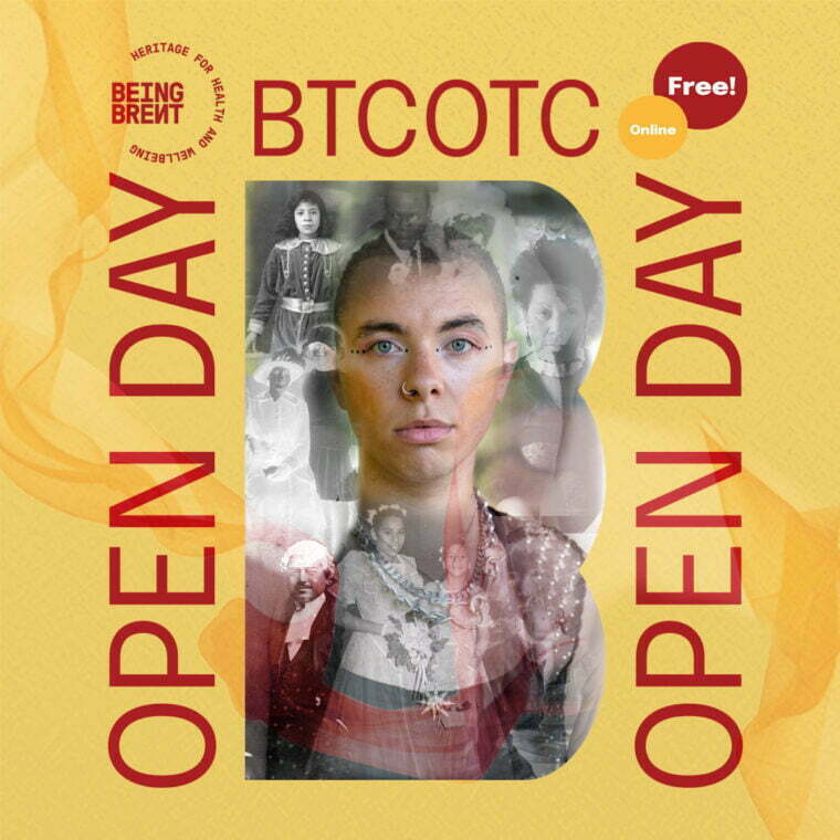 Poster advertising the BTCOTC Open Day. A young mixed race man gazes into the camera. Overlaid around his face are historical images of mixed race families. The photo is set in a yellow background with the words BTCOTC and Open Day surrounding the photo.