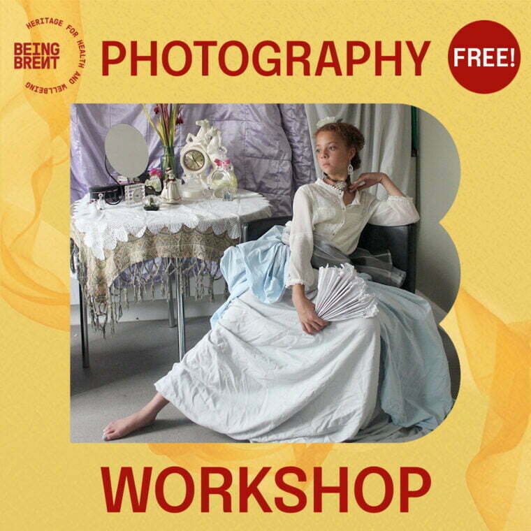 Promotional poster for photograpy workshop. A young girl dressed up in 18th century costume poses in a room also dressed to look like the 18th century. The words Photography Workshop border the image. The Being Brent logo appears in the left hand top corner and the word FREE in the right hand corrner.