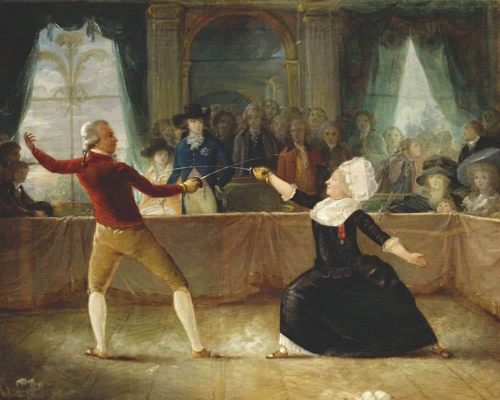 Painting by Robineau of Joseph Bologne fencing with the Chevalier d'Éon. Bologne is on the left, parrying an attack from The Chevalier d'Éon who is wearing a black dress. The pair are fencing in front of a well-dressed crowd.