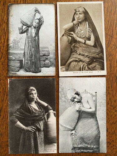 Collage of old colonial postcards featuring Egyptian women