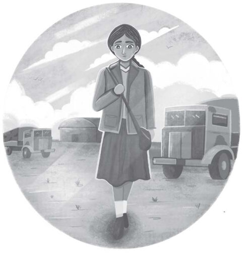 Illustration of children's character Rosie Raja standing in front of WW2 vehicles