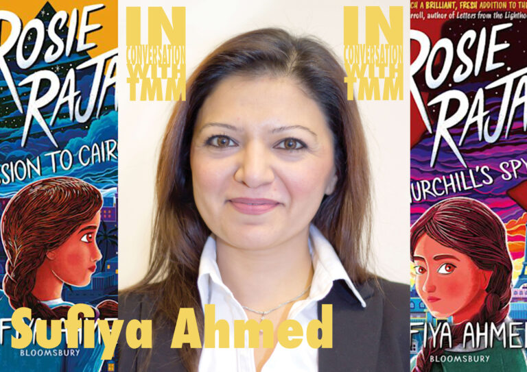Headshot of Sufiya Ahmed against a backdrop of the Rosie Raja book series