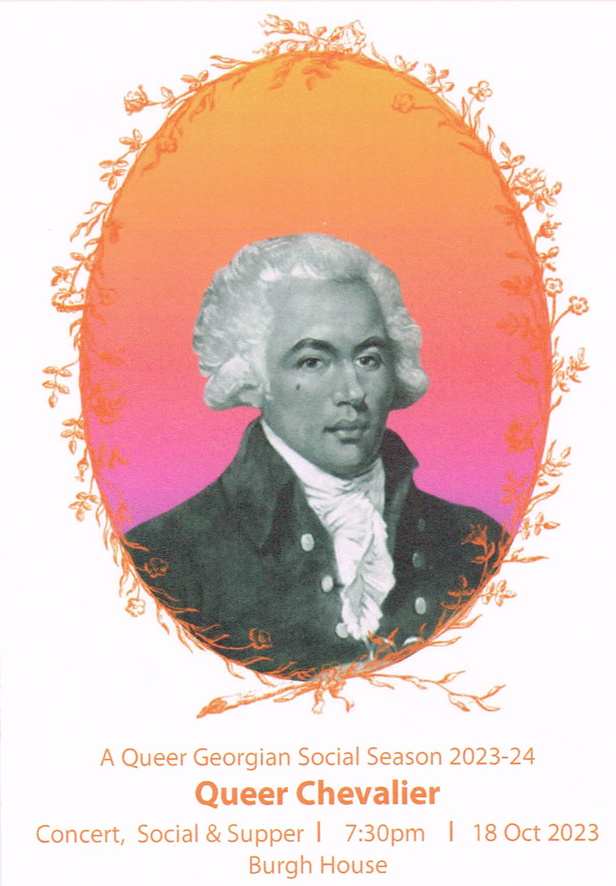 Poster for A Queer Georgian Season's 2023 event at Burgh House featuring a stylised image of Joseph Bologne, Chevalier de Saint-Georges.