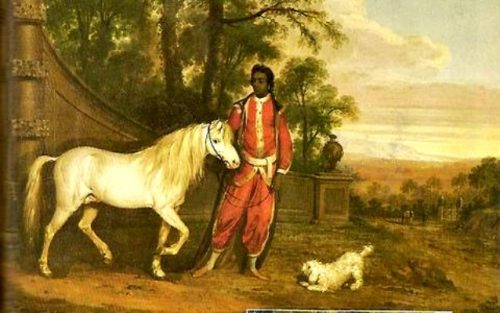 Portrait originally presumed to be of Tony Small but now understood to beGerald Fitzgerald’s Negro Servant Holding Bold Sir William in a Landscape, A Poodle Beside. Thomas Roberts, 1772.